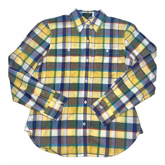 Lauren Ralph Lauren Shirt Women's Size PS Small Petites Yellow Plaid Roll Tab LS - Picture 1 of 15